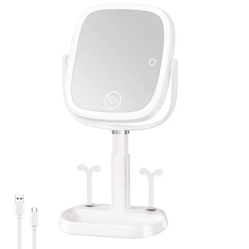 FRANO Miroir Vanity Éclairé – Rectangulaire, 3 couleurs, 1x/10x, Hauteur Réglable, Rotation 360°, Rechargeable 4000 mAh