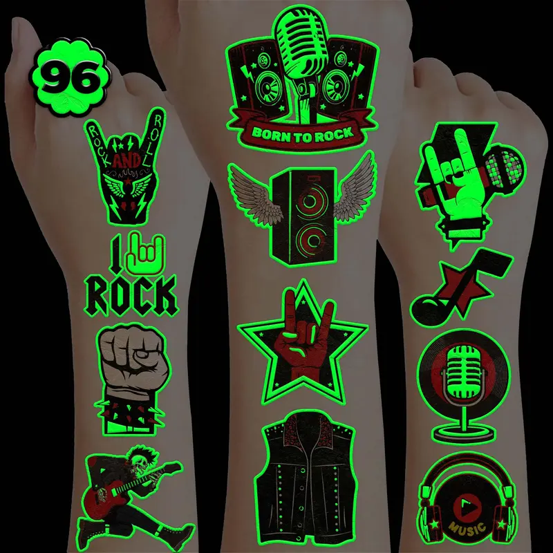 frawharmone 96 pièces tatouages temporaires rock lumineux dans l'obscurité