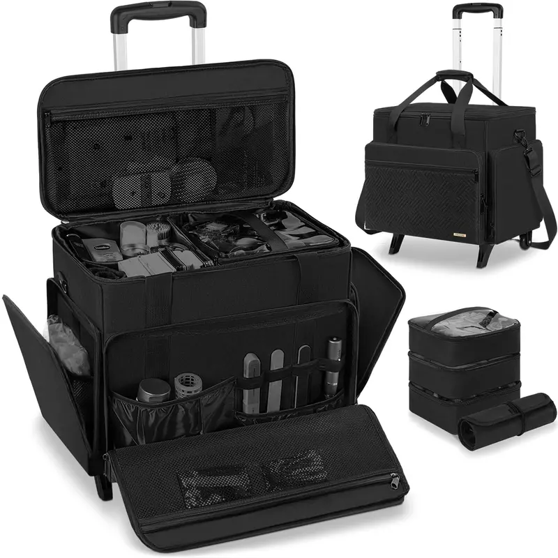 FREEAMG Grande Valise Maquillage Roulante avec 4 Pochettes Amovibles – Sac Professionnel avec Roues