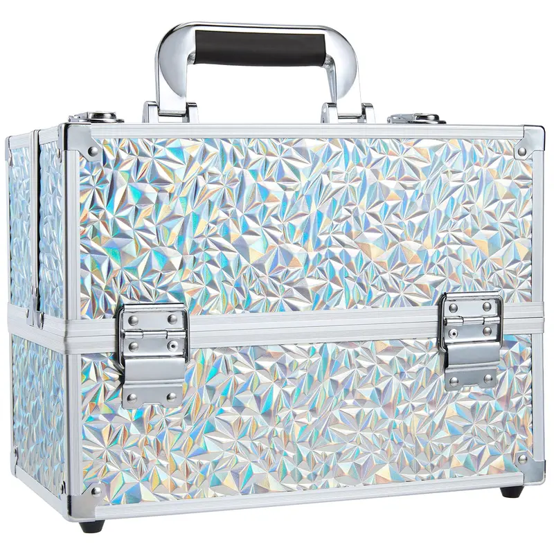 FRENESSA Coffret Maquillage Train-Case 11,8 pouces — Grand boîtier argenté, 6 plateaux, verrouillable