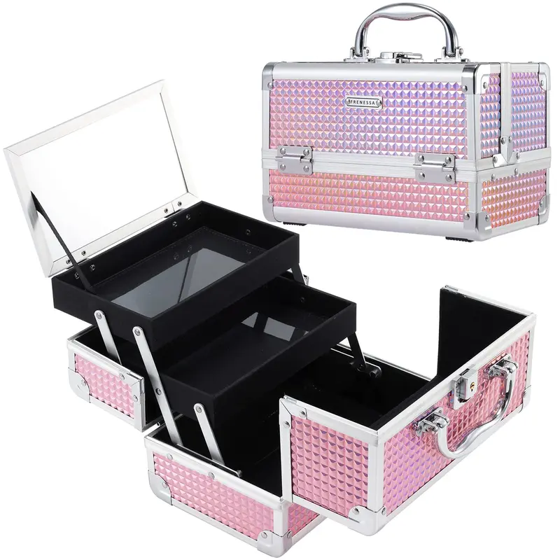FRENESSA Mallette de Maquillage Rose Brillant – Coffret Portable avec Miroir et Verrouillage