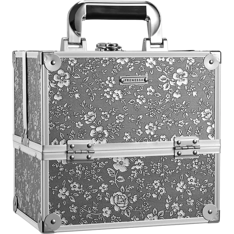 FRENESSA Mallette Maquillage Argent Floral – Coffret Portable à 4 Plateaux Cantilever Extensibles