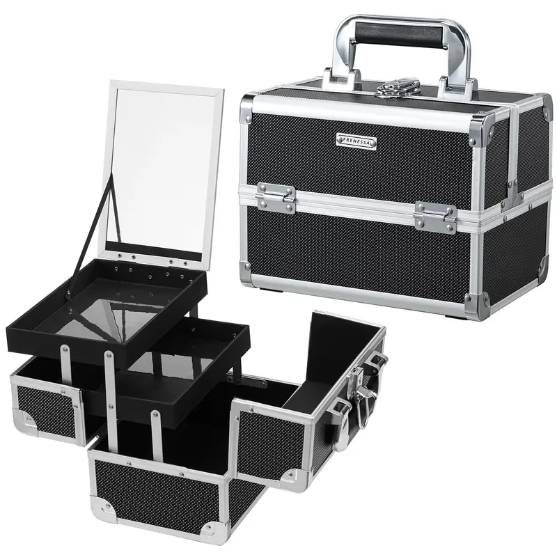 FRENESSA Mallette Maquillage Portable avec Miroir – Organiseur Cosmétique à Deux Plateaux, Coffret Voyage en Aluminium, Noir