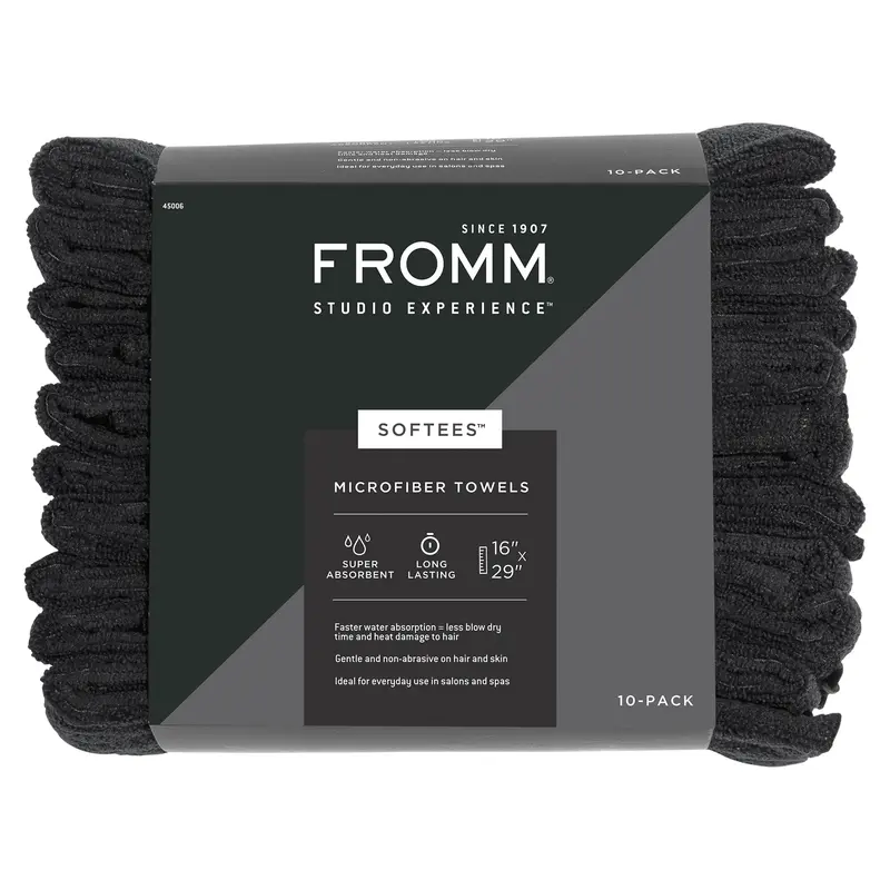 Fromm Softees Serviettes Microfibre pour Cheveux – Sèche Rapidement, Ultra Doux, Sans Peluches, Lot de 10, Noir, 16\" x 29\"