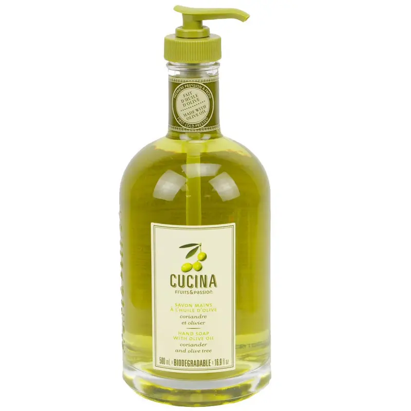 Fruits et Passion Cucina - Savon pour les mains Coriandre & Olivier, Végan, Flacon Verre 500 ml