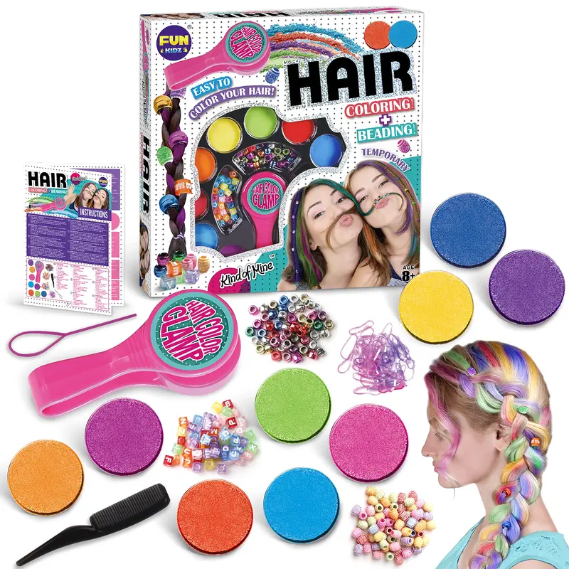 FunKidz Kit Tressage Cheveux pour Filles 8-12 – Coloration Temporaire Portable et Craies Lavables