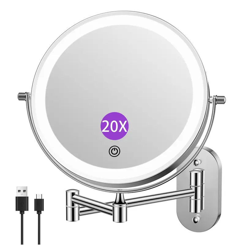 FUNTOUCH Miroir de Maquillage Murale 8'' Double Face – 1X/20X, Éclairage Tri-Températures, Recharge USB-C et Bras Extensible