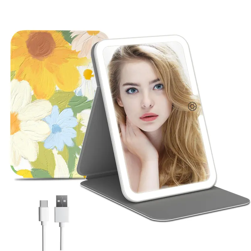 FUNTOUCH Miroir de Maquillage Voyage Lumineux – Rechargeable, Cuir PU, 3 Lumières