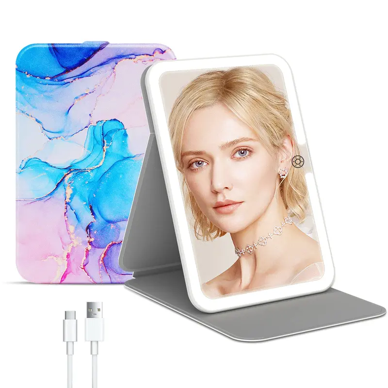 FUNTOUCH Miroir Maquillage Lumineux de Voyage Rechargeable – Étui PU, 3 Couleurs LED