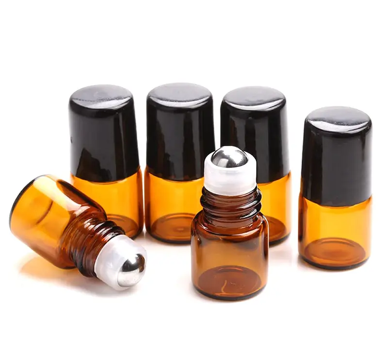 Furnido Lot de 25 Flacons à Rouleau Ambre 1ml – Bouteilles en Verre avec Bille en Acier et Caps Noirs