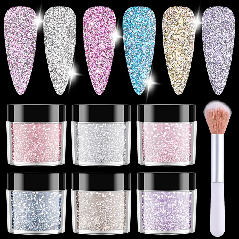 Furtherpretty Poudre scintillante réfléchissante pour ongles – Ensemble 6 couleurs avec pinceau