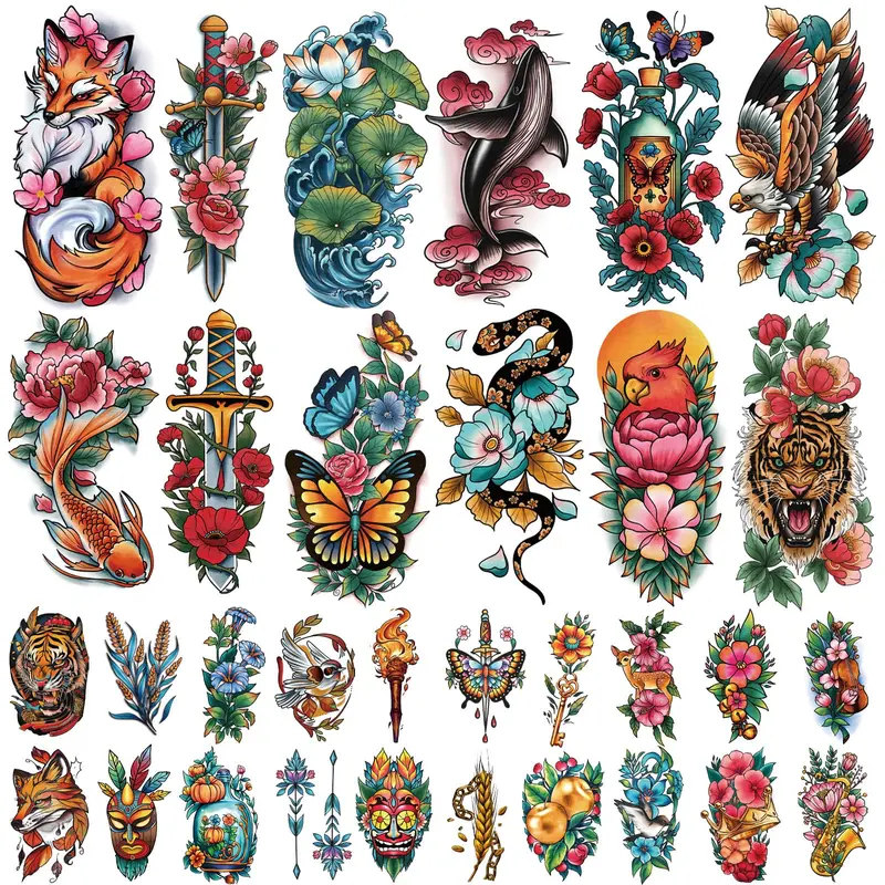 Gabizafia 77 Feuilles Tatouages Temporaire Vieux École – Fleurs et Animaux Réalistes pour Adultes