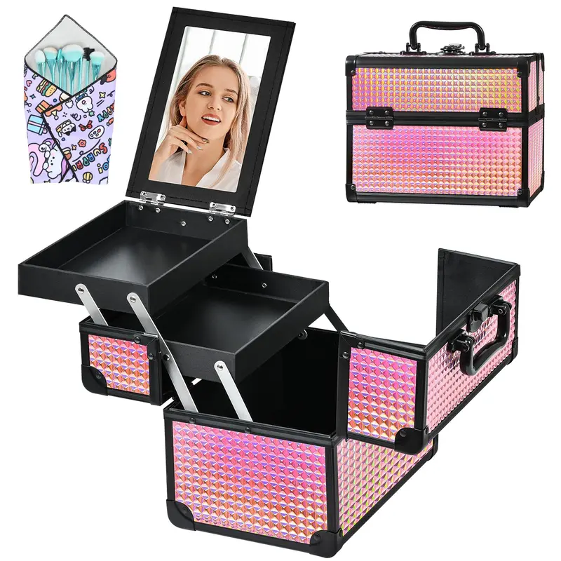GALHUBIS Coffret maquillage portable – Trousse professionnelle, rangement élégant noir et rose