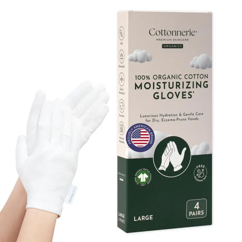 Gants Cottonnerie en coton biologique – 4 paires pour hydratation nocturne des mains sèches (Taille Large)