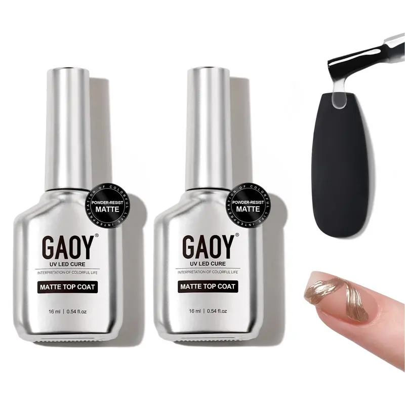GAOY – 2 Pièces Couche Supérieure Gel Mat 16 ml, Finition Poudre-Résistante, Chrome et Détail, Cure UV, Nail Art DIY