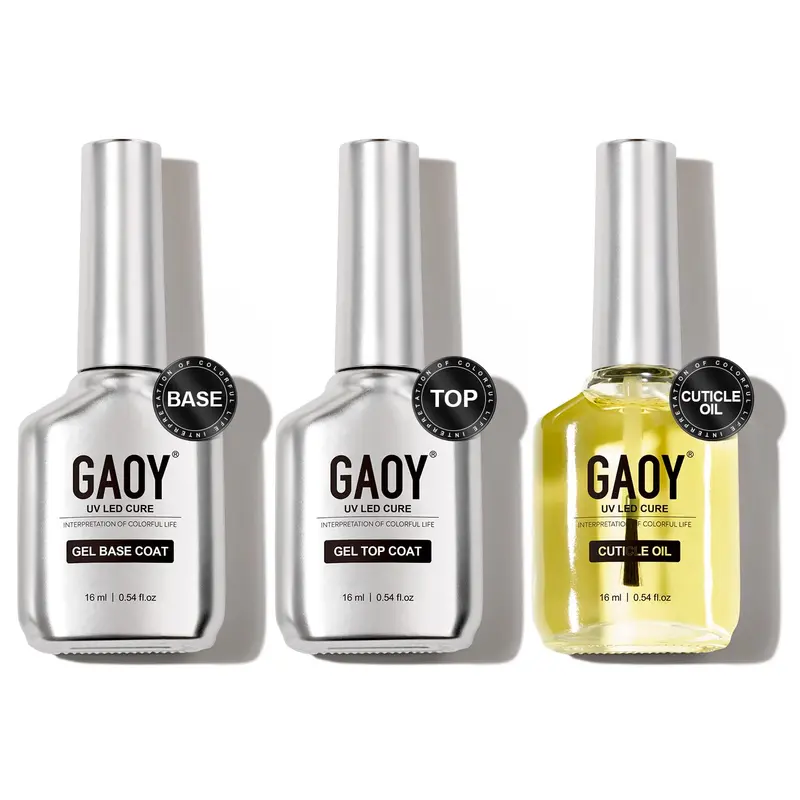 GAOY Couche supérieure Gel, Couche de Base et Huile cuticulaire – Ensemble 3 pièces 16 ml, Finition brillante sans essuyage