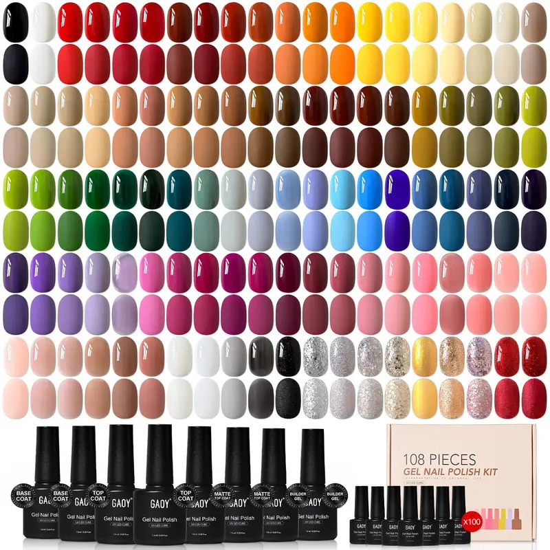 GAOY Ensemble Vernis Gel 108 Pièces – 100 Couleurs Toutes Saisons + Base, Finitions Brillante et Matte, Gel de Renforcement – Manucure à Domicile