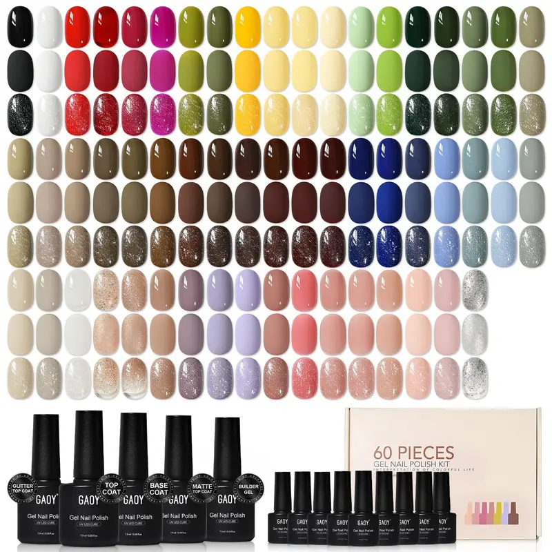 GAOY Ensemble Vernis Gel 60 Pièces – 55 Couleurs Toutes Saisons + 5 Accessoires pour Manucure DIY à Domicile