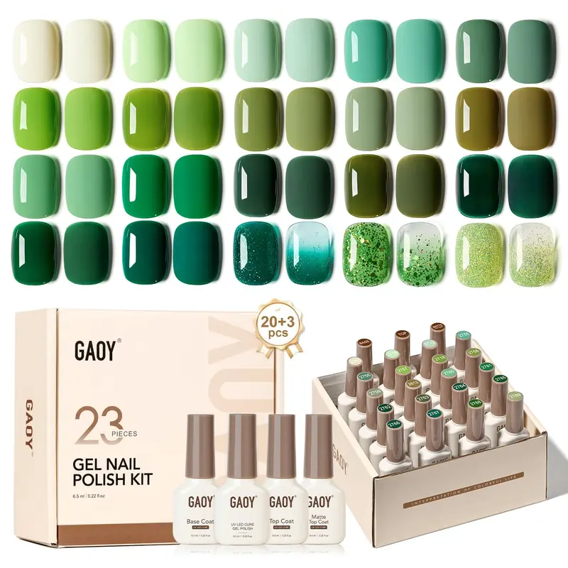 GAOY Kit Gel Manucure 23 Pièces – Couleurs Gel Vertes avec Paillettes, Finitions Brillant et Mate + Base