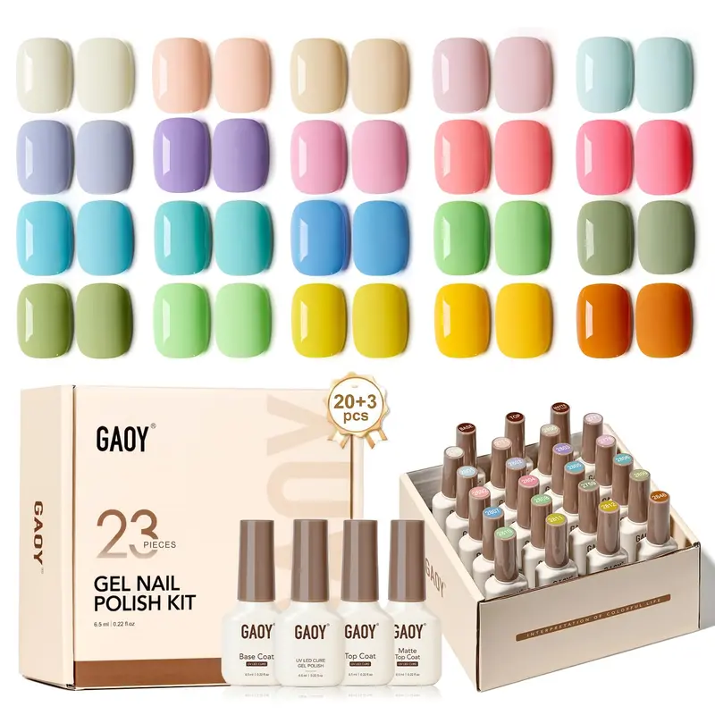 GAOY Kit Vernis Gel 23 Pièces – 20 teintes pastel macaron + couches de finition brillante et mate + couche de base pour art des ongles à domicile