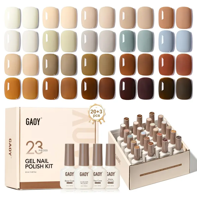 GAOY Kit Vernis Gel 23 Pièces – Blanc, Bleu et Marron – Ensemble Gel pour Toutes Saisons avec Top Coat Brillant et Mat et Base Coat