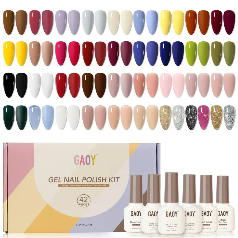 GAOY Kit Vernis Gel UV 42 Pièces – Nuances Nude, Paillettes et Bleu Marine – Base et Couches Brillantes et Mat