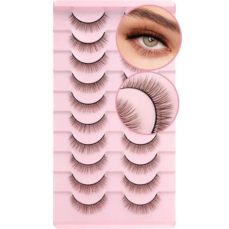Geeneiya Faux Cils 10 mm 3D Naturels – Regard Wispy Marron et Noir, Pack de 10 Paires