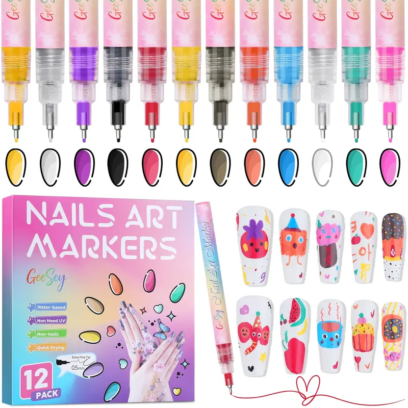 GeeSey – Ensemble de 12 stylos art des ongles 0,5 mm pour dessins précis