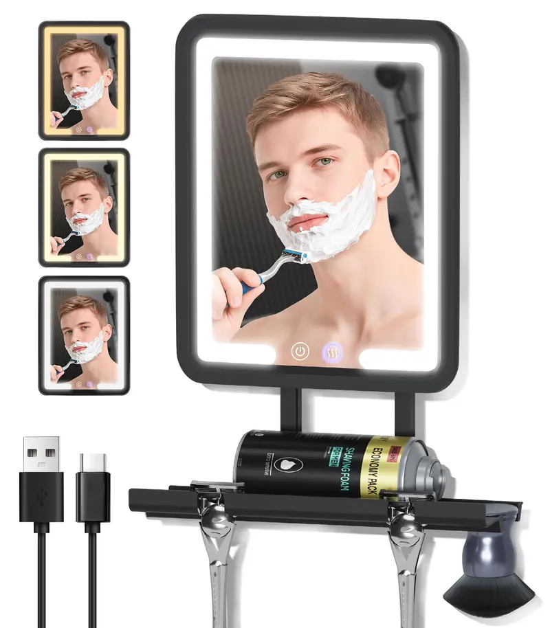 Gefaxi Miroir de Douche Anti-Buée Chauffant 7x9 po — Éclairage 3 Couleurs, Rangement et Rasoir, Rotation 360°, Noir