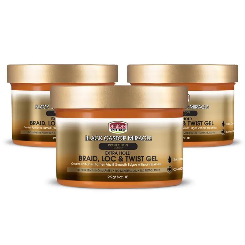 Gel à Tenue Extrême African Pride Black Castor Miracle – Pour Tresses, Locs et Twists – Pack de 3 flacons de 236 ml