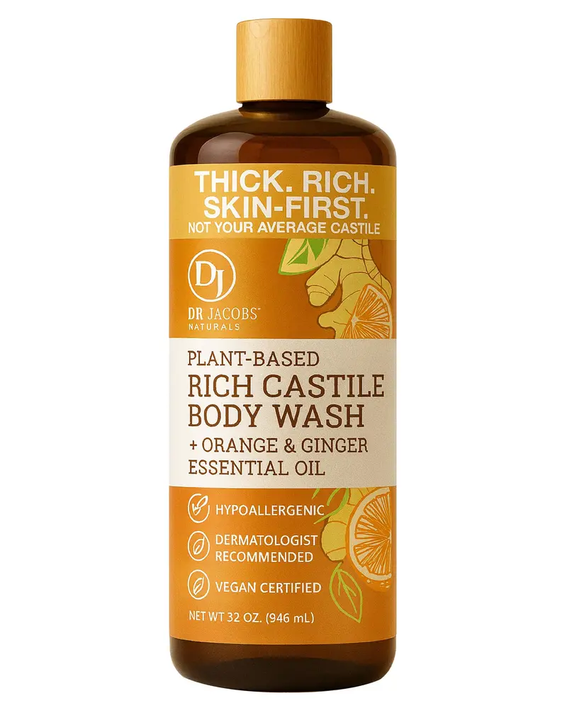 Gel douche Castile liquide DR.JACOBS NATURALS Orange & Gingembre – Base végétale, vitamine E et aloé véra – Hydratation pour peau sèche et sensible – Fabriqué aux États‑Unis – 32 onces