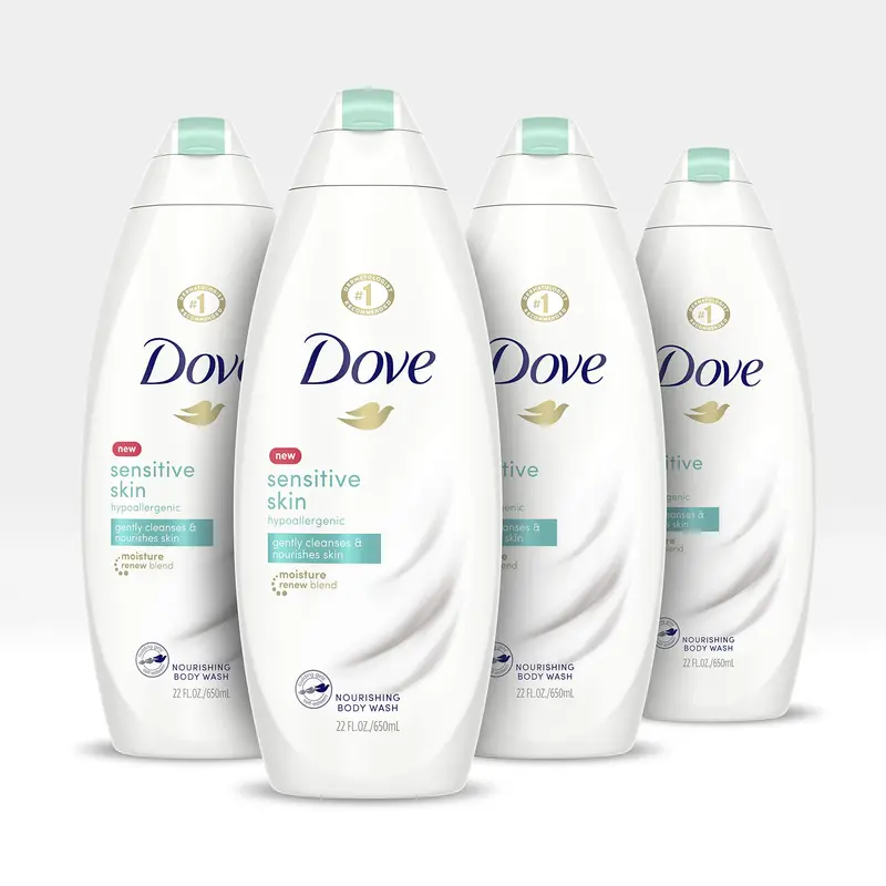 Gel Douche Dove Douceur pour Peau Sensible – Hypoallergénique et sans sulfates, 4×650 ml