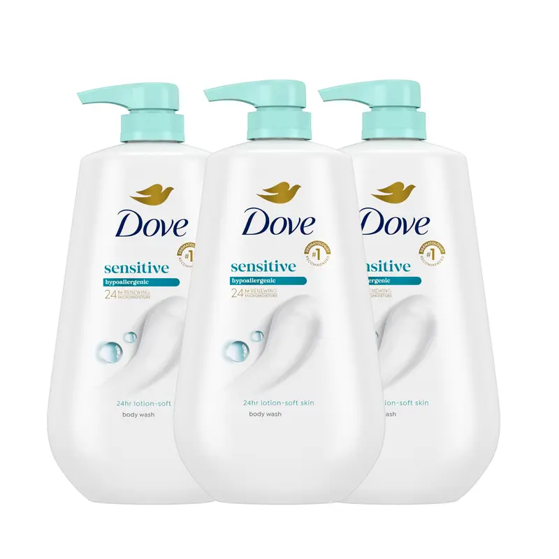 Gel douche Dove pour peau sensible – Lot de 3, hydratation 24h, sans sulfates ni parabènes