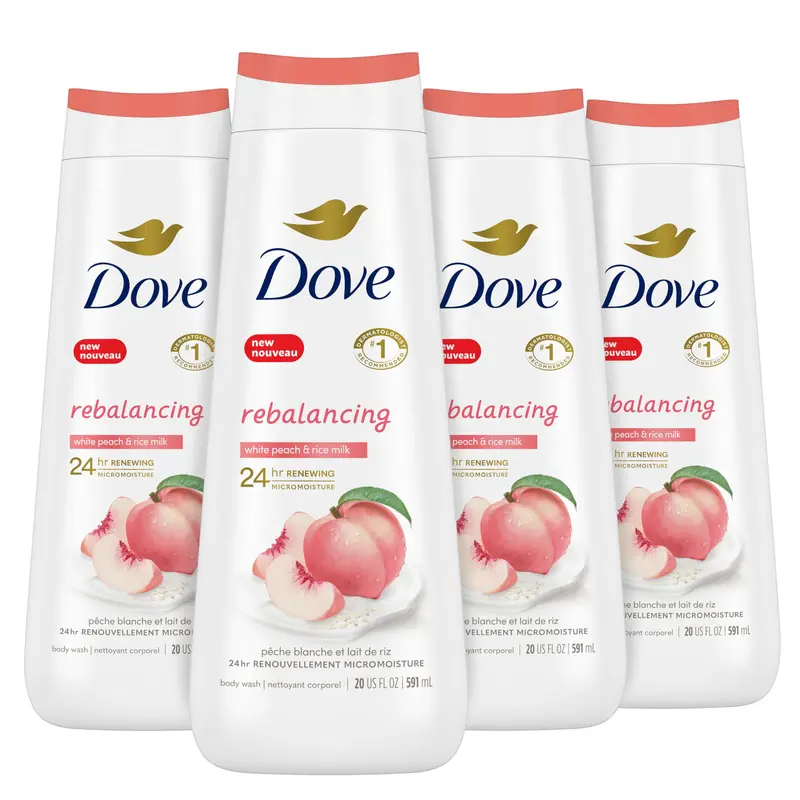 Gel Douche Dove Rééquilibrant Pêche Blanche & Lait de Riz – Pack 4 x 20 oz, Hydratation 24 h