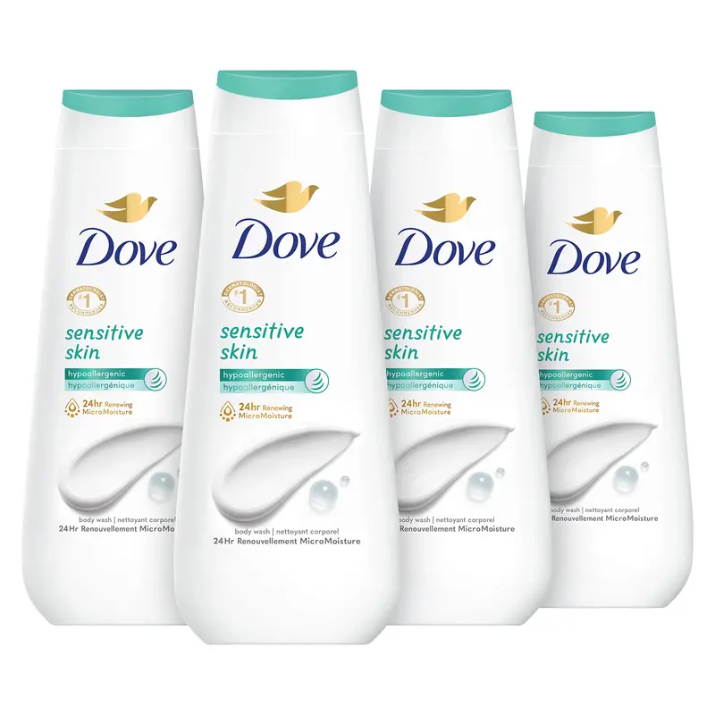Gel douche Dove Sensitive Skin – Hypoallergénique, Sans sulfates et sans parabènes, Pack de 4 bouteilles 600 ml
