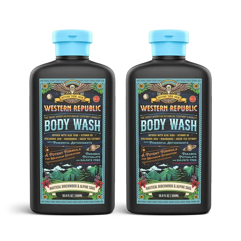 Gel Douche Homme Western Republic – Nautical Birchwood & Alpine Sage / Aviator's Eucalyptus & Agrumes Frais | Hydratant & Anti‑âge (2-pack) | Fabriqué aux États‑Unis