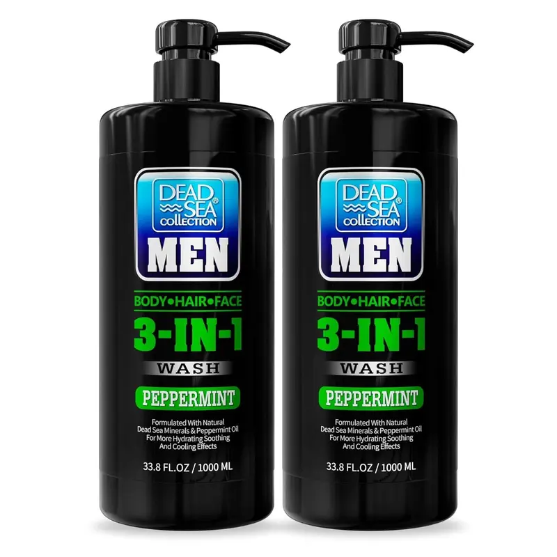 Gel douche menthe Dead Sea Collection pour hommes – 3 en 1 pour cheveux, visage et corps – minéraux de la Mer Morte – Pack de 2 (1000 ml chacun)