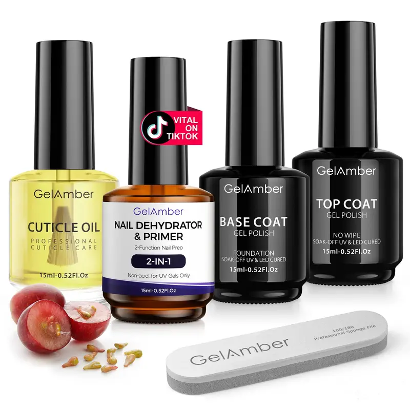GELAMBER 4Pcs Déshydratant et Apprêt 2-en-1 | Base Gel, Top Coat, Huile Cuticule et Lime à Ongles
