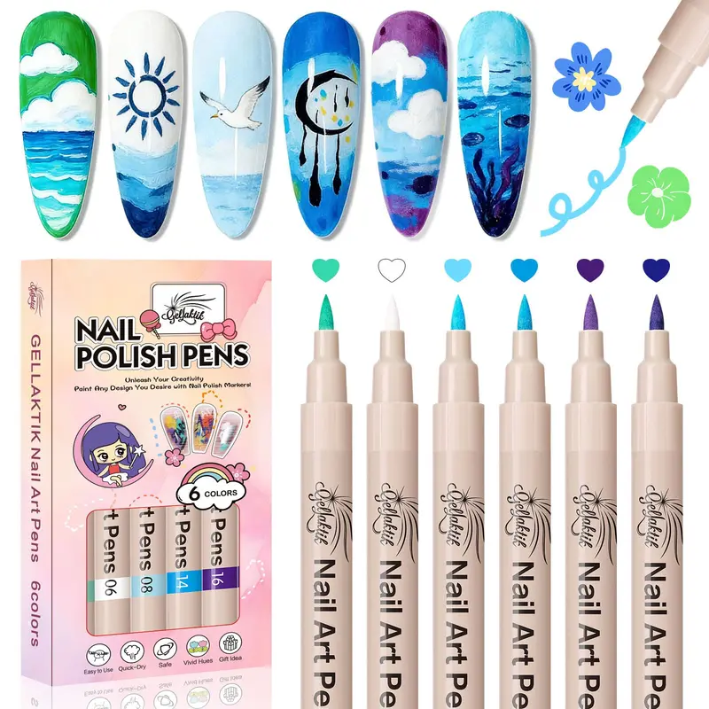 GELLAKTIK Ensemble stylos art ongulaire – 6 couleurs, pointe fine 0,7 mm, séchage rapide
