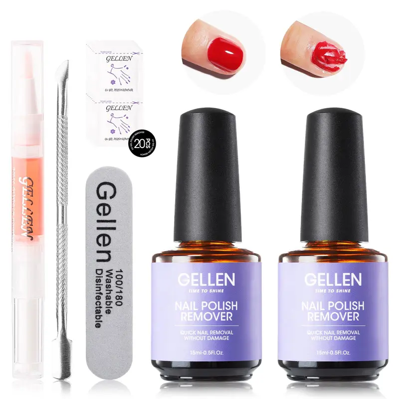 GELLEN Dissolvant Vernis Gel – Kit 2 Pièces avec Huile Cuticule et Poussoir pour Retrait Rapide en 2 à 5 Minutes