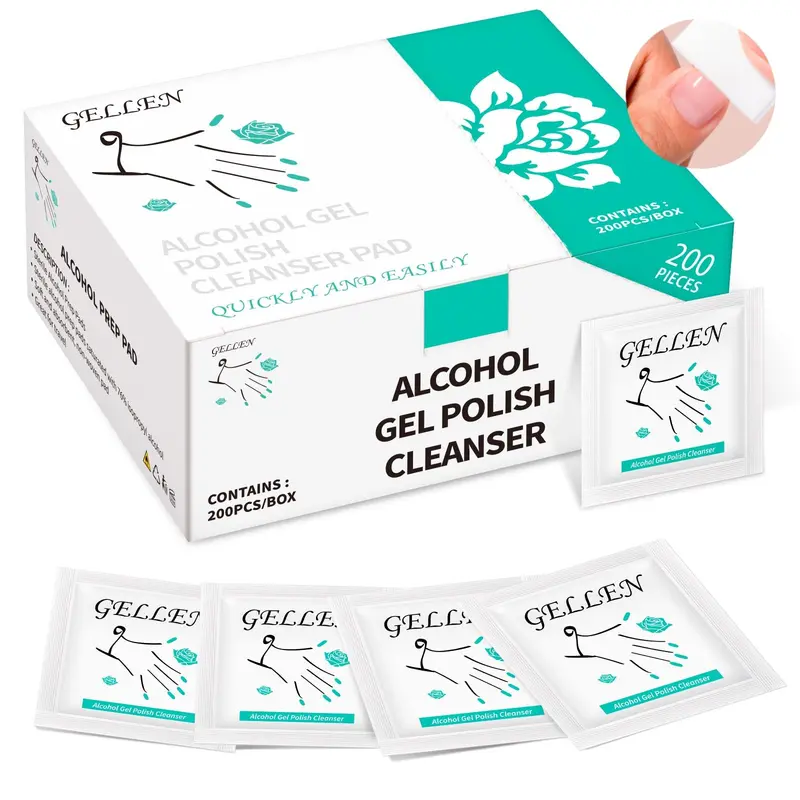 GELLEN Tampons Nettoyage Ongles - 200 pièces, Alcool 76 %, Sans Peluches, Préparation et Brillance