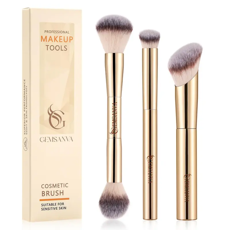 Gemsanva Pinceaux Maquillage 3 Pièces – Contour et Fond de Teint, Pinceaux Double‑Face Kabuki Synthétiques