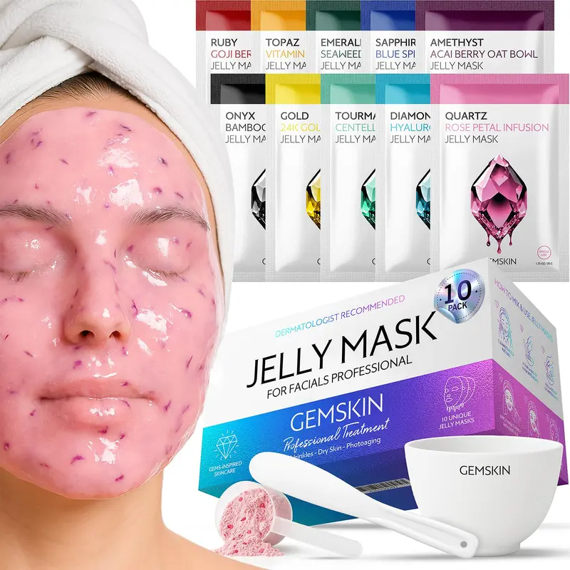 GEMSKIN Masques Gelée Hydrogel – Pack de 10 pour Soin du Visage + Kit Spa (Bol, Cuillère, Spatule)
