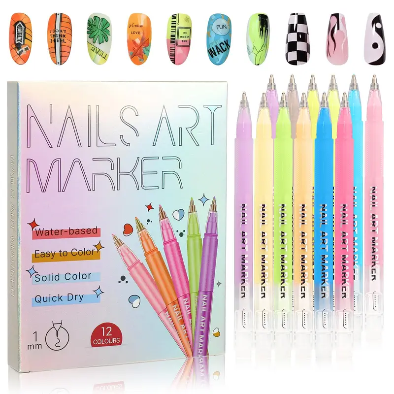 Generic – 12 Stylos Nail Art, Pointe 0,5 mm, Séchage rapide, Kit DIY Pour Ongles (B)