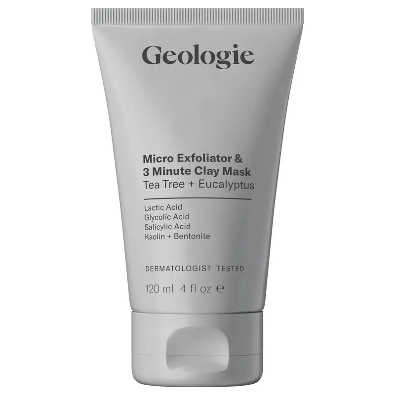 Geologie micro-exfoliant et masque d'argile – Nettoyage 3-en-1, réduction des pores, arbre à thé et eucalyptus, 120 ml