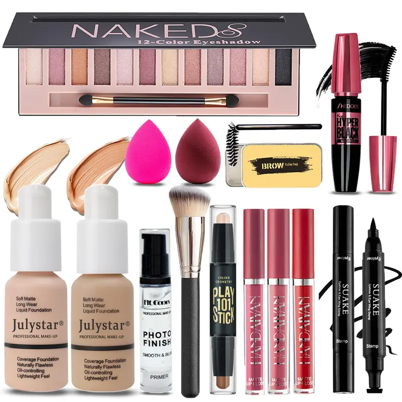 Geyomi Kit Maquillage Tout-en-Un — 12 Ombres, Fond de Teint, Primer, Rouges Liquides, Traceur pour les Yeux et Mascara