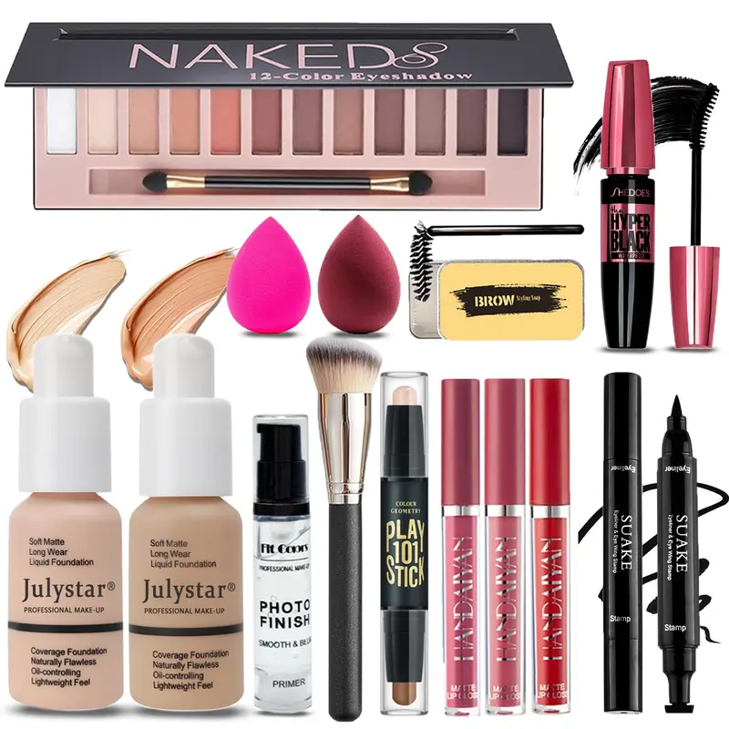 Geyomi – Trousse Maquillage Tout-en-Un pour Femmes | Kit Complet 12 Ombres, Fond de Teint, Primer, Rouges Liquides, Contour, Sourcils, Pinceaux
