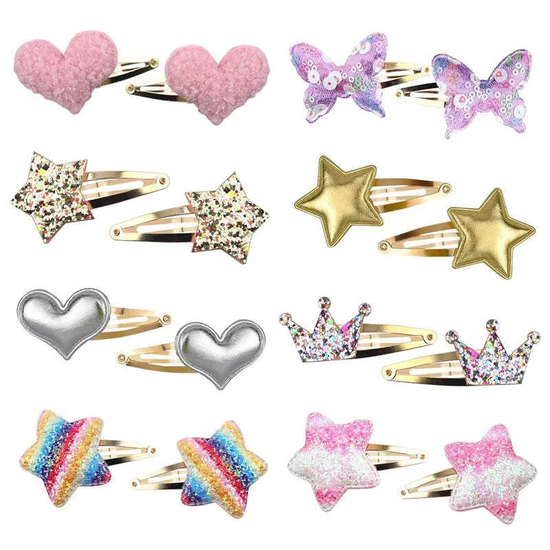Gingbiss – 16 pinces à cheveux pour filles (8 paires) – Clips métal papillon, cœur, étoile et couronne
