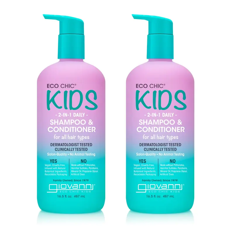 GIOVANNI Eco Chic Enfants 2-en-1 Shampoing et Après-Shampoing – Pour tous types de cheveux – Qualité salon – Léger et hydratant – Vegan – Pack de 2 – 16,5 oz
