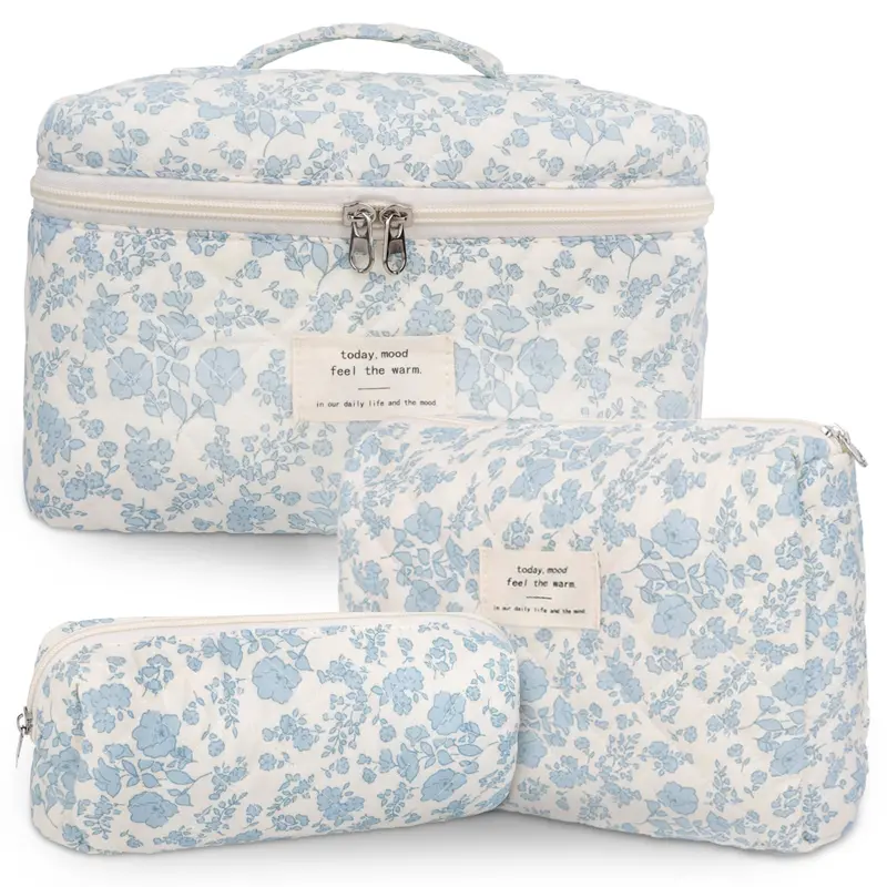 GISMTR | Lot de 3 Trousse à Maquillage en Coton Quilté – Design Coquette et Floral